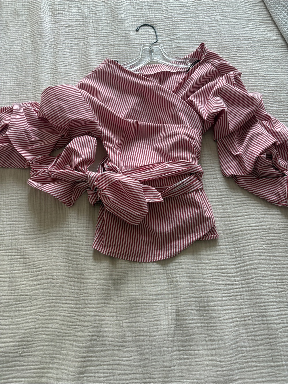 Striped Wrap Blouse with Puff Sleeves - Red/White